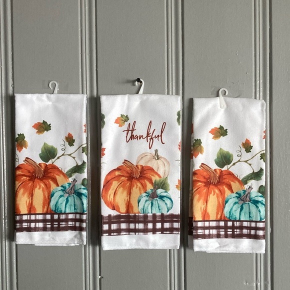 NWT-Set of 3- Cream, Blue & Orange Fall Pumpkins & Thankful Kitchen Towels 25x15 - Picture 3 of 17